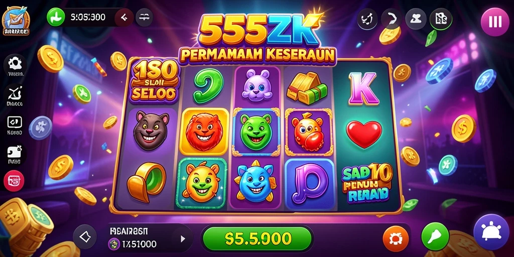 Tampilan gameplay Slot 555ZK yang penuh warna dan dinamis.
