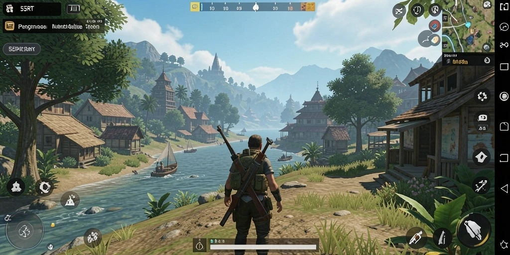 Screenshot gameplay yang menampilkan dunia terbuka yang indah di 55RT.