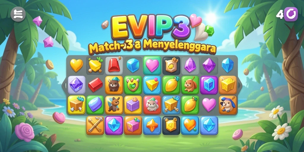 Menampilkan gameplay seru dalam permainan Match-3 EVIP3.