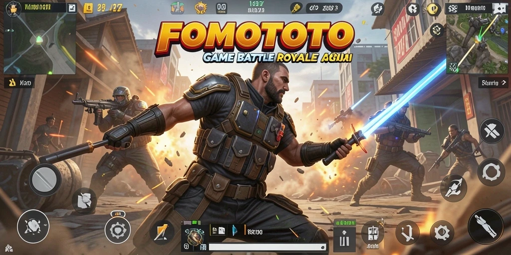 Tampilan gameplay FOMOTOTO yang mendebarkan dalam pertempuran Battle Royale.