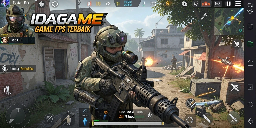 Tangkapan layar utama IDAGAME menampilkan aksi intens dari gameplay FPS.