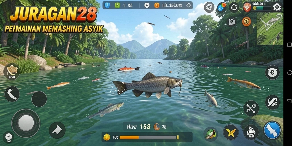 Tampilan gameplay JURAGAN28 saat memancing ikan di perairan tenang.