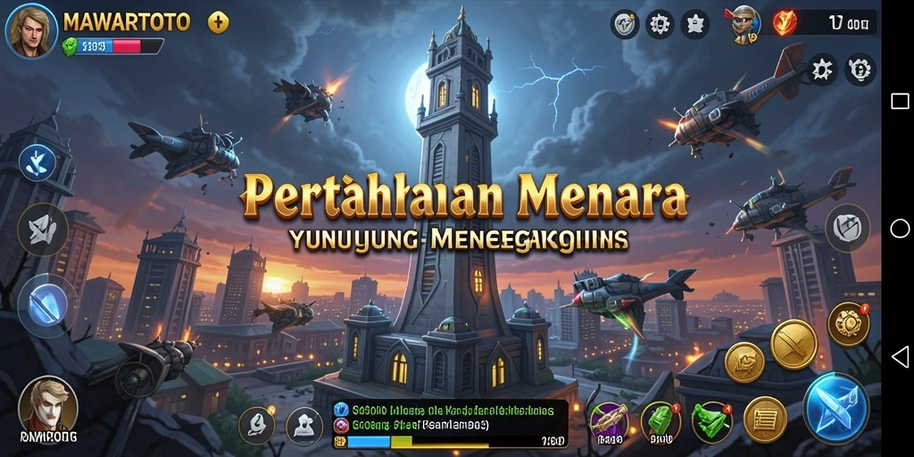 Tangkapan layar gameplay MAWARTOTO menampilkan aksi pertahanan menara yang seru.