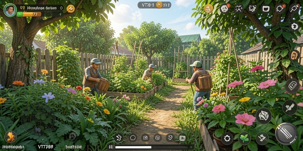 Screenshot gameplay VT789 menampilkan aktivitas berkebun yang menarik.